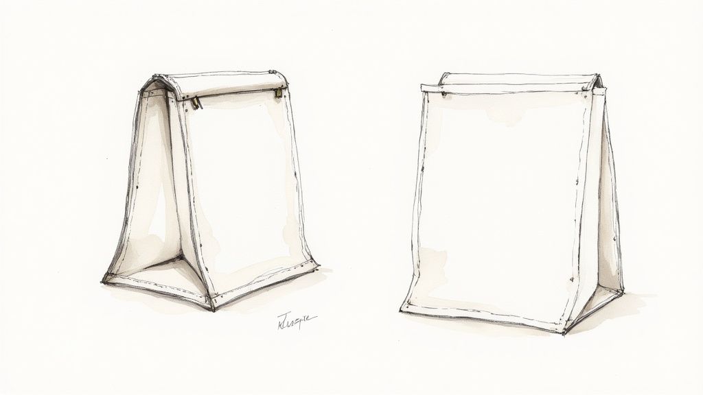 Des mains expertes effectuant une finition sur un sac en tissu.