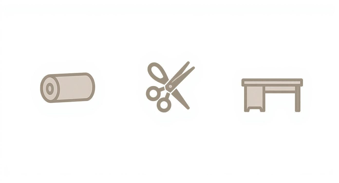 Trois icônes représentant le processus de couture: rouleau de tissu, ciseaux et table de travail pour la confection