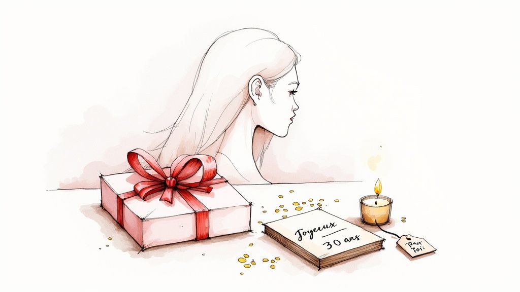 Illustration d'une femme, un cadeau rose, un livre avec l'inscription "Joyeux 30 ans" et une bougie allumée.