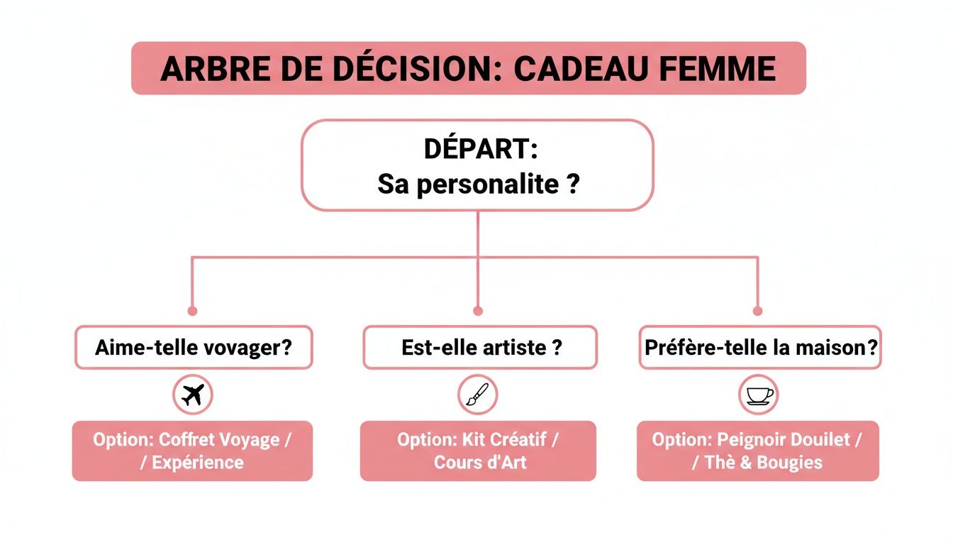 Diagramme en arbre de décision illustrant des idées de cadeaux pour femmes, basées sur sa personnalité, ses hobbies et préférences.