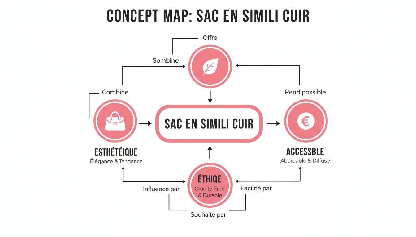 Carte conceptuelle présentant les attributs esthétiques, éthiques et d'accessibilité d'un sac en simili cuir.