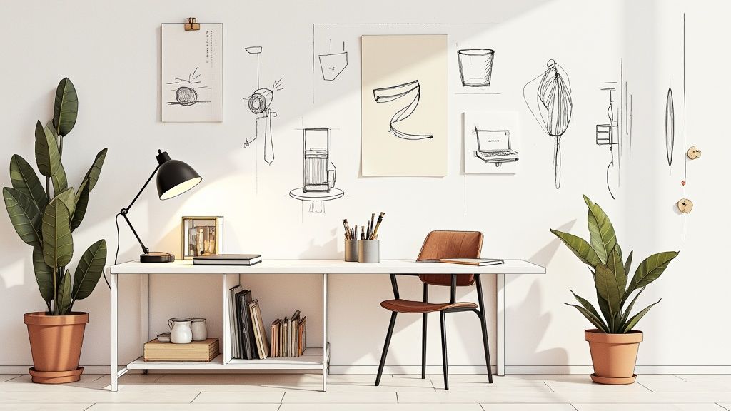 Personne organisant son matériel créatif dans une boîte en bois.