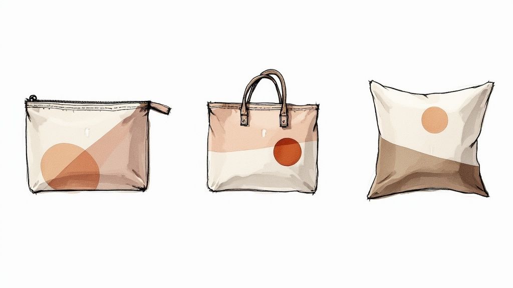 Trois trousses transparentes avec motifs géométriques beiges et terracotta pour rangement couture