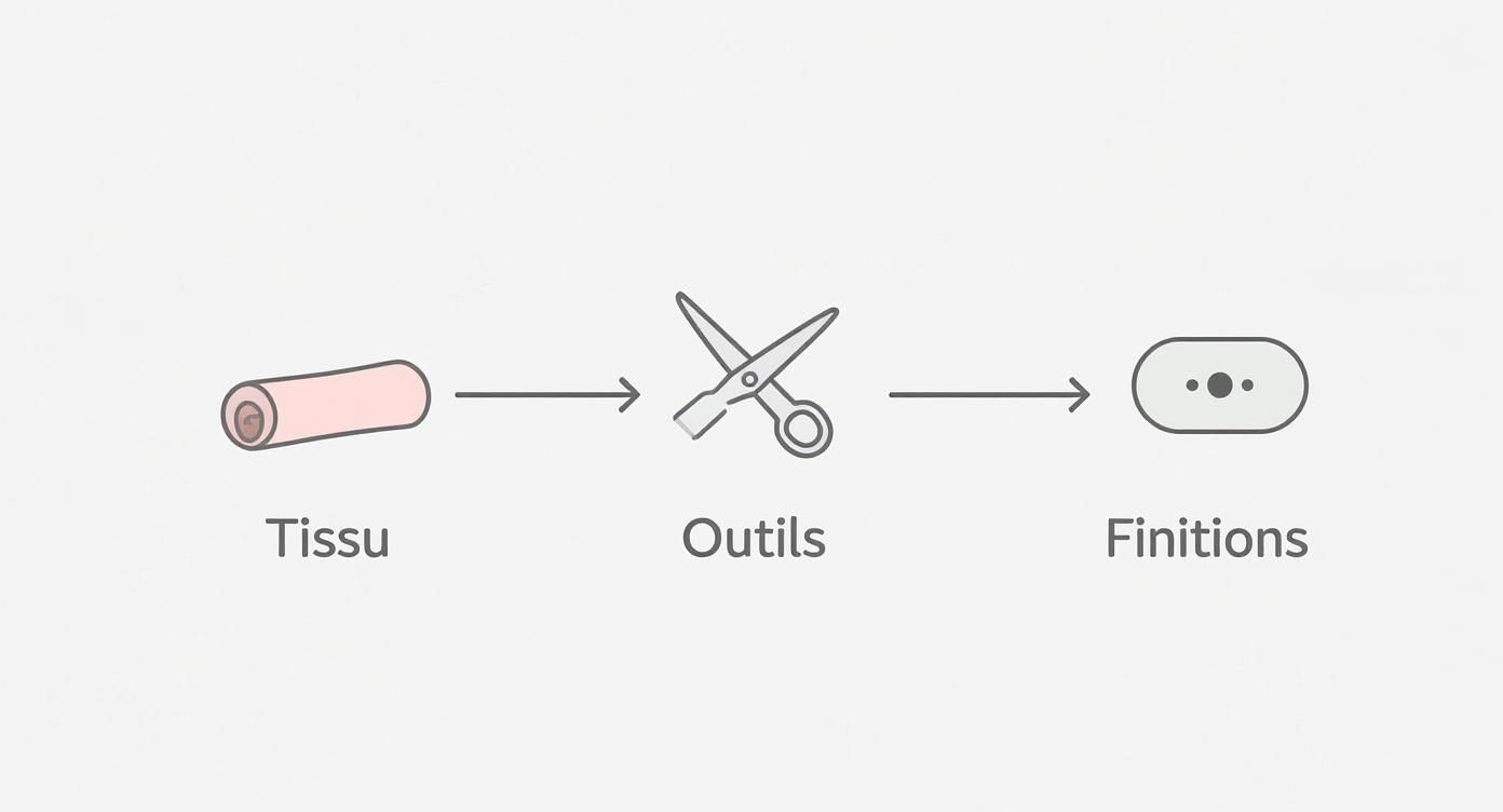 Diagramme montrant les étapes de fabrication : du tissu brut, à l'utilisation d'outils, jusqu'aux finitions d'un objet.