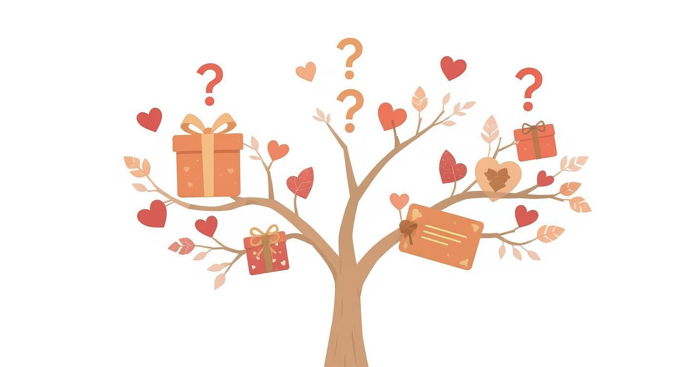Arbre illustré avec des cadeaux emballés, des cœurs et des points d'interrogation symbolisant des idées cadeaux personnalisés