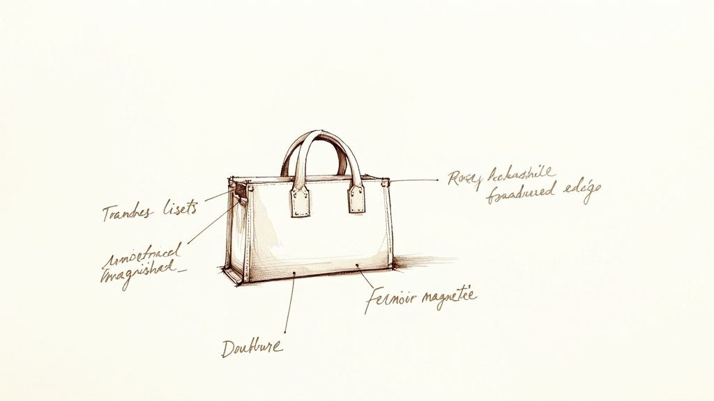 Croquis technique d'un sac à main en cuir avec annotations des éléments clés de fabrication.