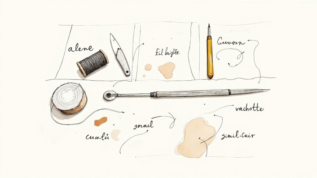 Illustration des outils et échantillons de cuir essentiels pour la maroquinerie artisanale.