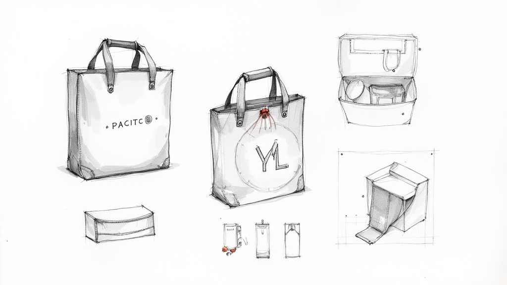 Plusieurs croquis au crayon de designs de sacs fourre-tout et d'emballages pour produits.
