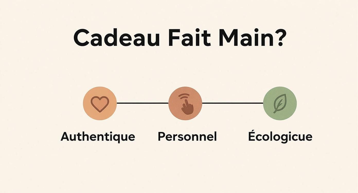 Infographie présentant trois piliers des cadeaux faits main : authentique, personnel et écologique avec icônes illustratives