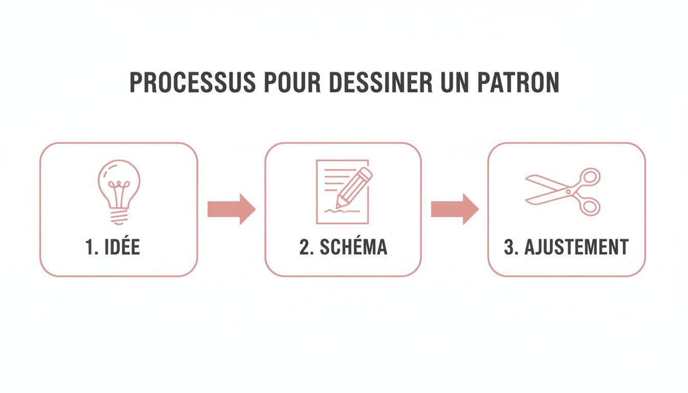 Schéma montrant le processus en trois étapes pour créer un patron: idée, schéma, ajustement.