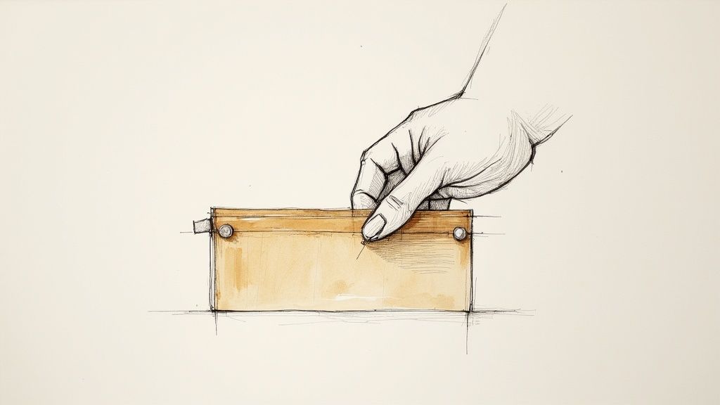 Dessin d'une main manipulant le contenu d'une petite boîte en bois rectangulaire, sur fond clair.