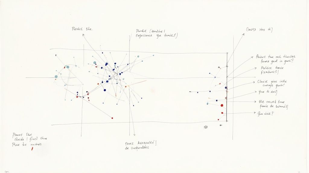 Diagramme abstrait avec des notes manuscrites, des flèches et des points colorés sur fond blanc, illustrant une étude complexe.