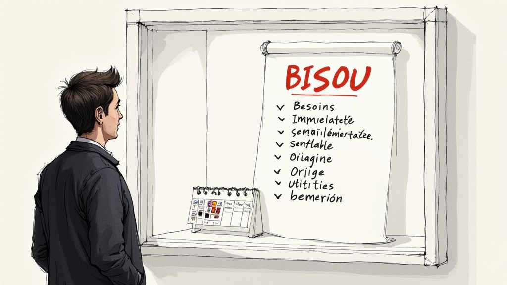 Un homme regarde attentivement une liste de points intitulée 'BISOU' avec un calendrier à côté.