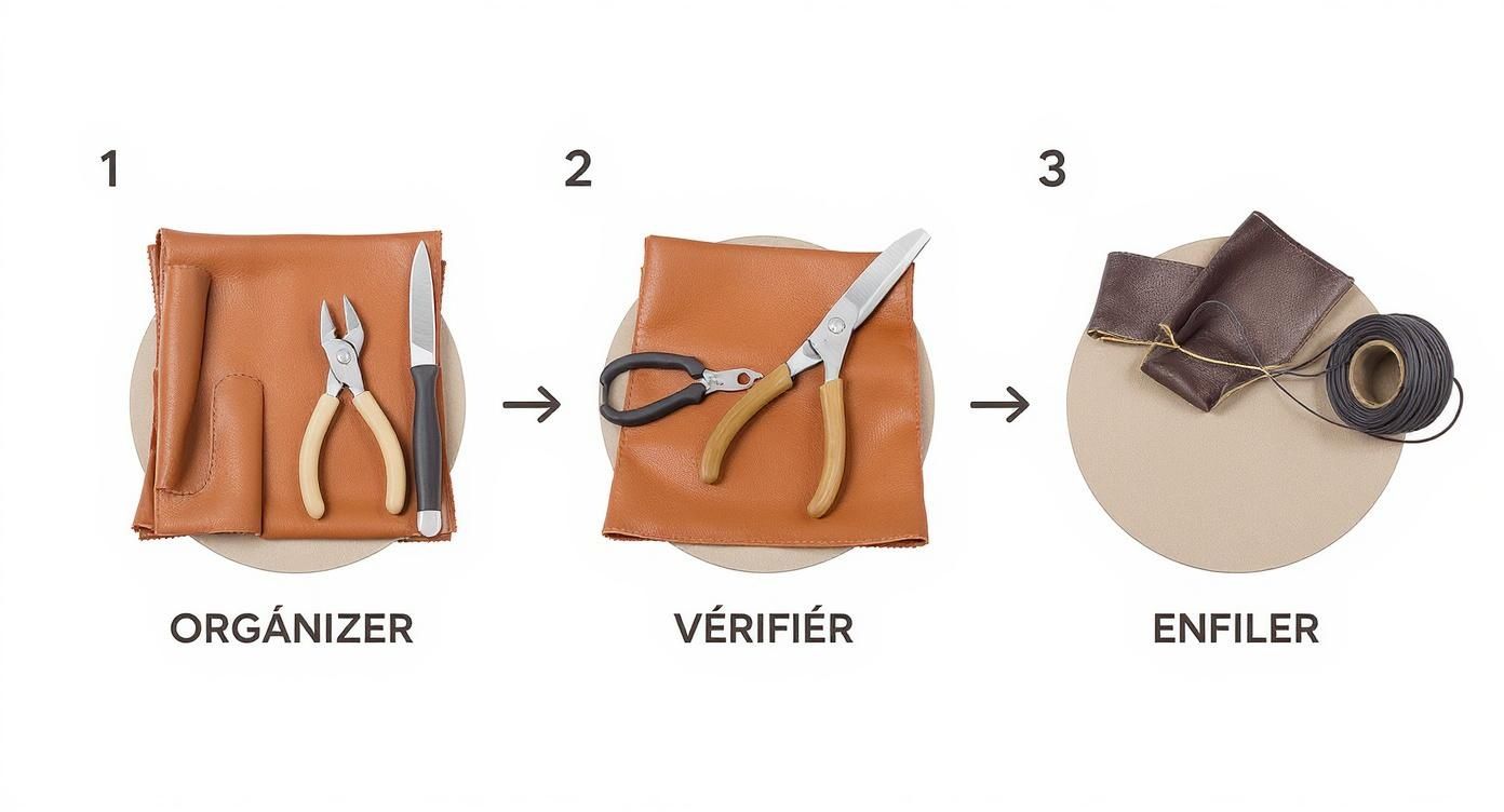 Image de trois étapes montrant l'organisation, la vérification et l'enfilage d'un kit de couture en cuir.