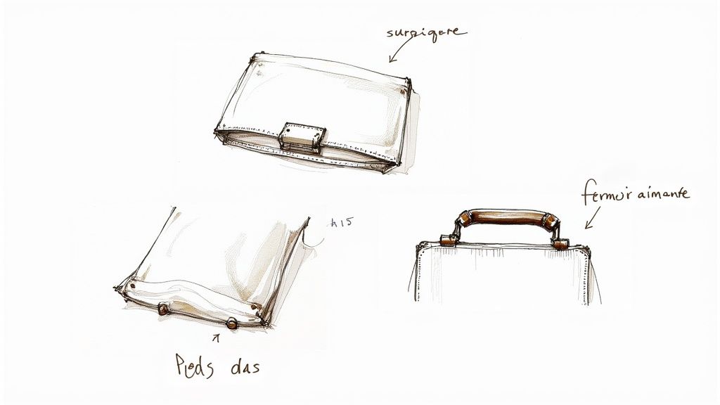 Croquis détaillés d'un patron de sac à main, montrant surpiqûres, fermoir aimanté, poignée et pieds de sac.