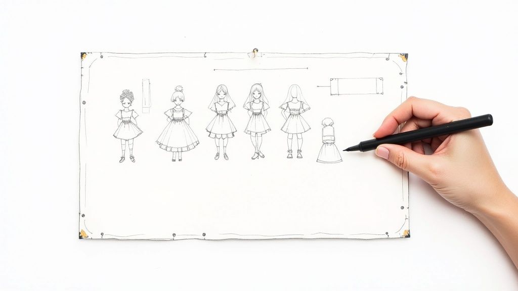 Une main dessine des croquis de patrons de robes sur une planche à dessin, montrant différentes illustrations de mode.