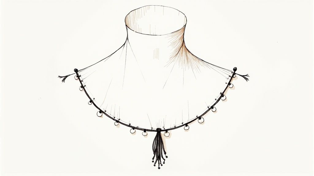 Dessin détaillé d'un col décoratif ou d'une pièce de cou ornée de glands noirs et d'anneaux, sur fond blanc.