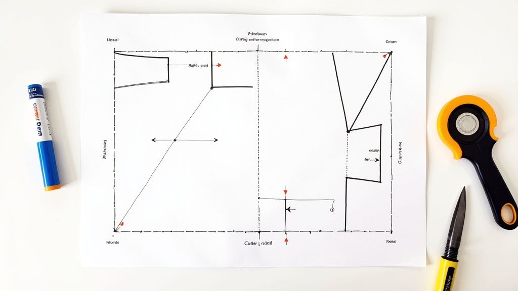 Un patron de couture de sac à main dessiné sur papier, entouré d'un marqueur, d'un cutter rotatif et d'un couteau.