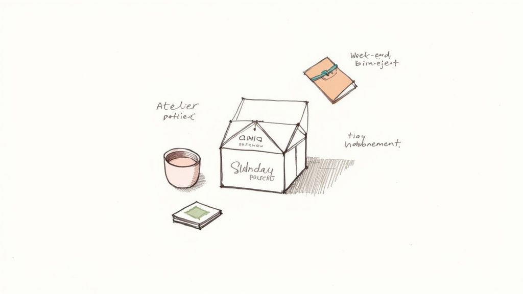 Illustration d'une boîte 'Sunday pouch' avec une tasse, un carnet 'Week-end bim-eject' et des étiquettes manuscrites en français.