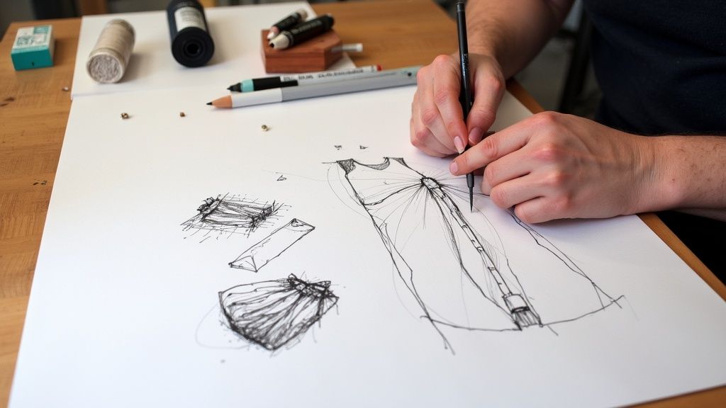 Mains dessinant des croquis de mode sur papier, avec fournitures d'art et rouleaux de fil.