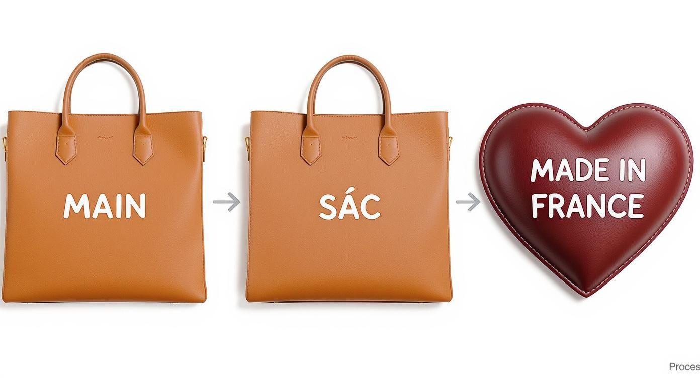 Une séquence visuelle montrant deux sacs à main en cuir marron et un cœur rouge indiquant 'MADE IN FRANCE'.