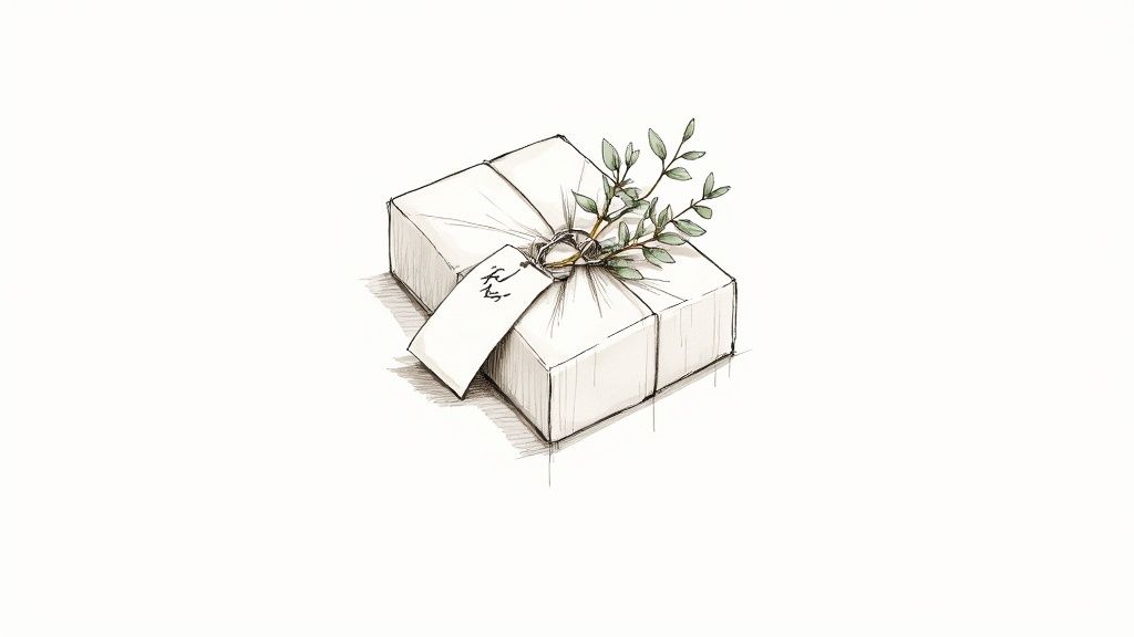 Cadeau emballé avec papier kraft, étiquette personnalisée et branche d'olivier décorative