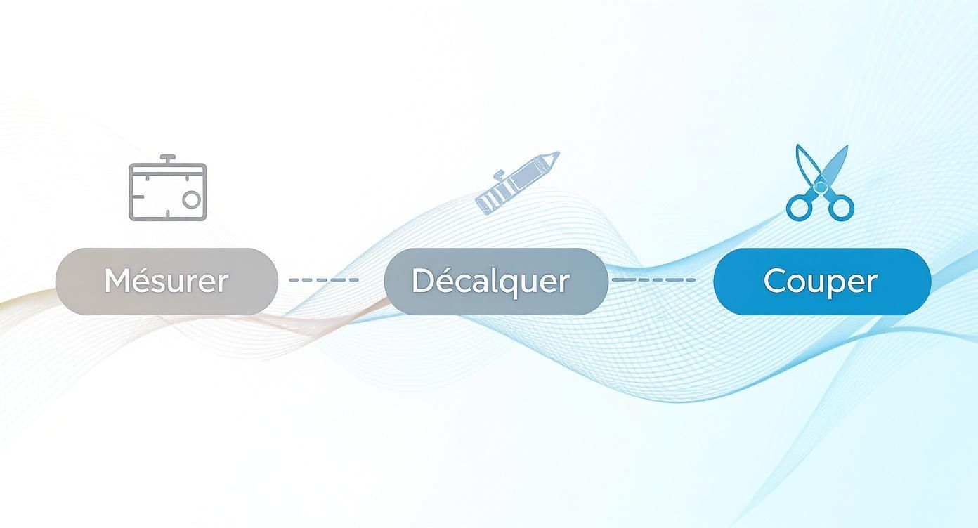 Diagramme illustrant les étapes d'un processus : Mesurer (icône jauge), Décalquer (icône crayon), et Couper (icône ciseaux).