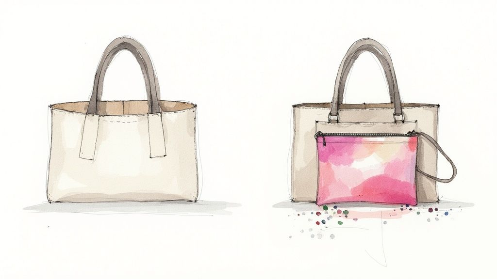 Deux illustrations de sacs fourre-tout. L'un est beige uni, l'autre a une pochette rose et des éclaboussures de couleur.