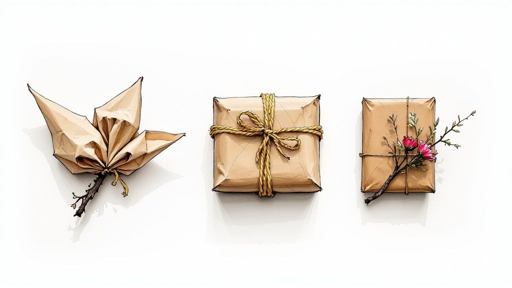 Trois cadeaux emballés dans du papier kraft avec ficelle naturelle et décorations florales