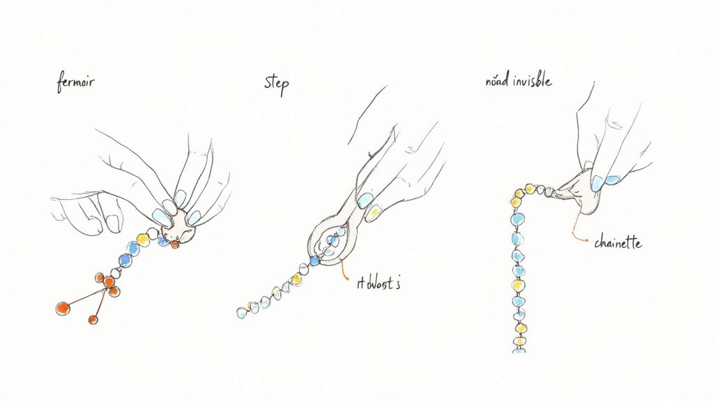 Illustration détaillée montrant trois étapes pour la création d'un bracelet de perles : attacher le fermoir, réaliser un nœud invisible et ajouter une chaînette, avec des mains manipulant les perles.