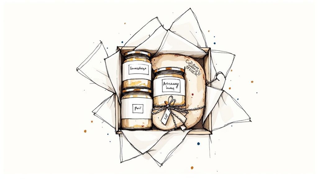 Illustration d'une boîte cadeau ouverte remplie de pots et d'un produit artisanal emballé avec une étiquette.