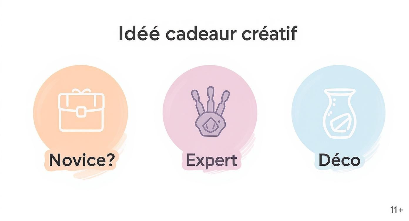 Diapositive présentant des idées cadeaux créatives, avec options pour novices, experts et décoration.