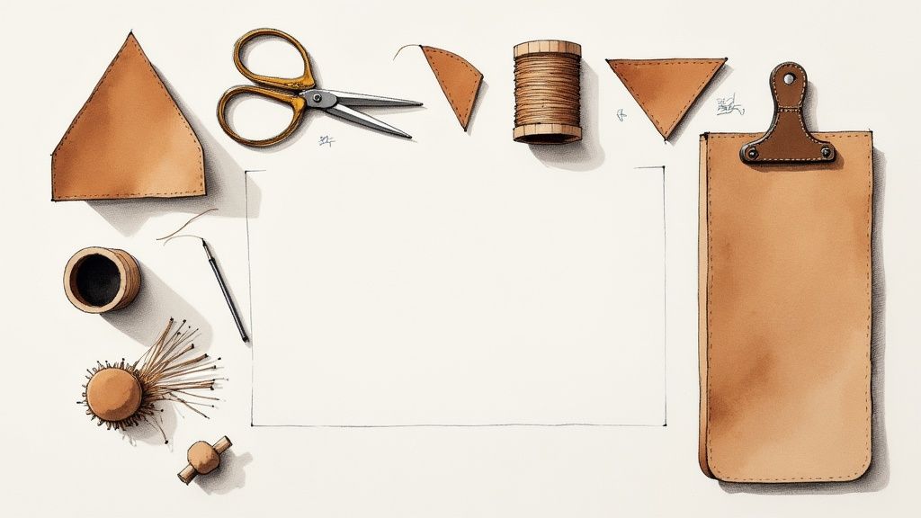 Vue de dessus d'un kit de couture du cuir avec ciseaux, fil et pièces en cuir.