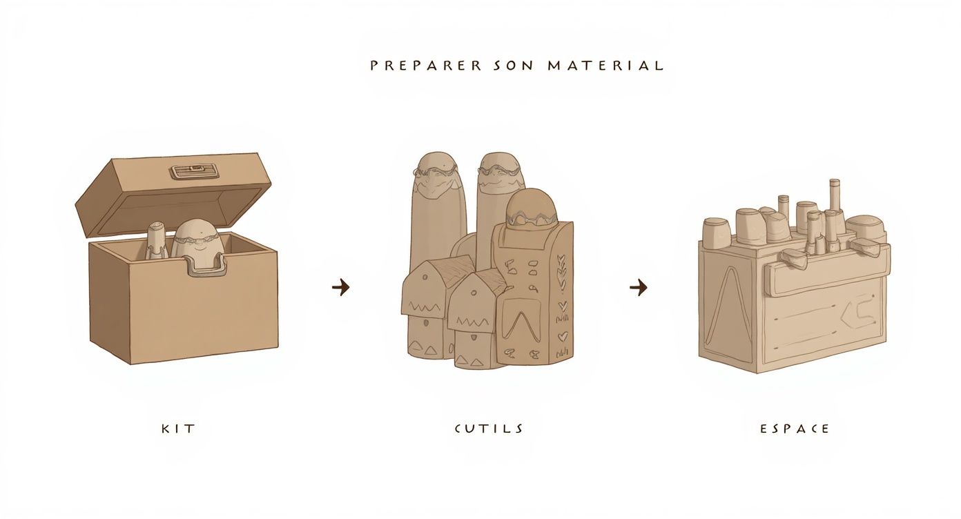 Illustration montrant trois étapes de préparation de matériel : kit dans une boîte, outils de découpe, et espace de travail organisé