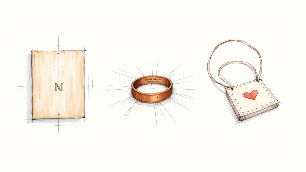 Trois idées de cadeaux personnalisés : boîte en bois gravée, bracelet en cuir et sac à main décoré