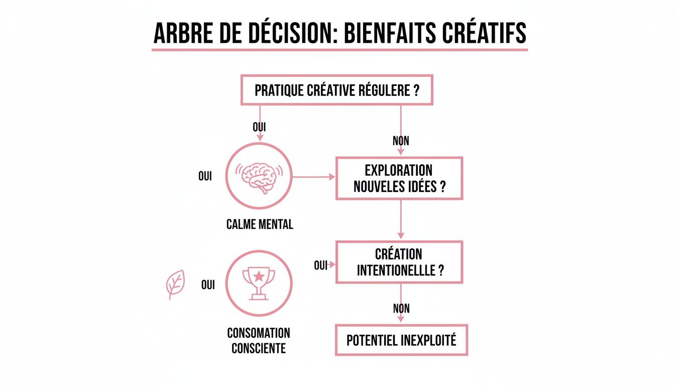 Un arbre de décision illustrant les bienfaits créatifs, avec des chemins pour la pratique régulière, l'exploration d'idées et la création intentionnelle.