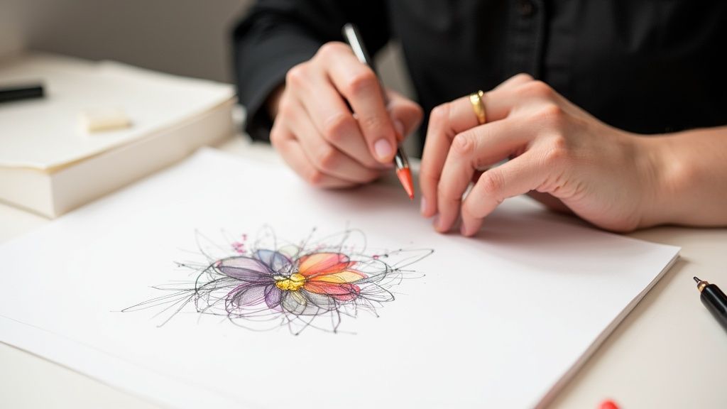Personne concentrée sur une activité manuelle de broderie