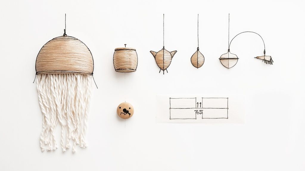 Divers objets d'artisanat suspendus et un dessin, présentant des créations en fil et bois sur fond blanc.