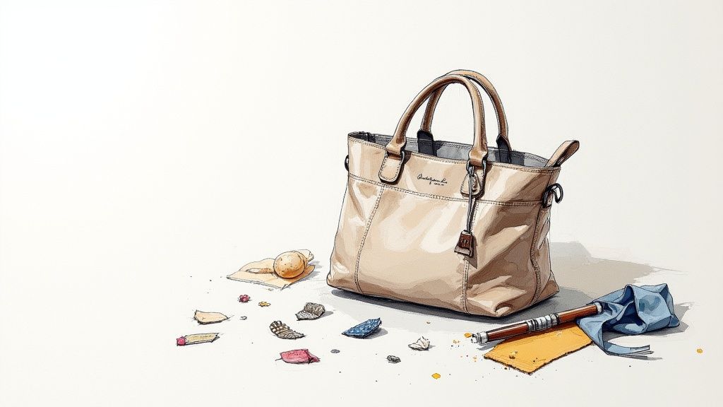 Sac à main beige, objets du quotidien éparpillés sur un fond blanc, style esquisse.