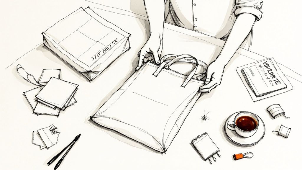 Des mains mettent un article dans un sac en tissu sur une table, entourées de fournitures d'emballage et d'une tasse de café.