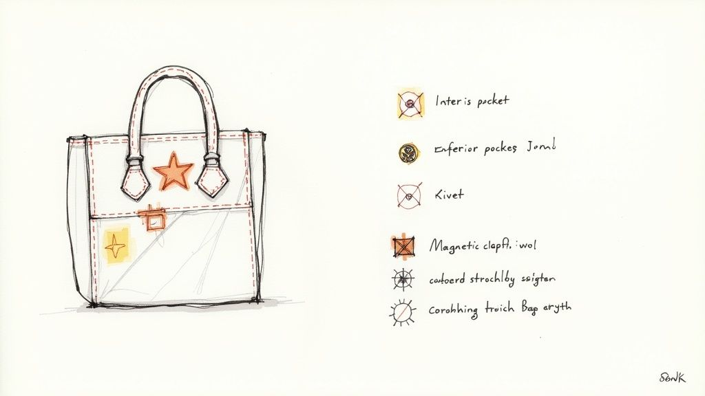 Esquisse détaillée d'un sac à main blanc avec poignées et une légende de ses caractéristiques techniques.
