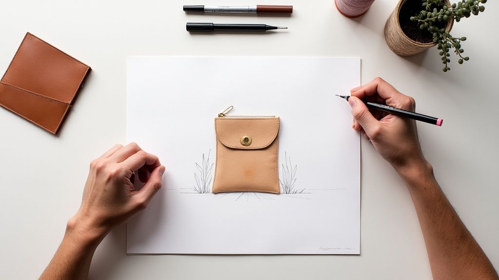 Mains créant un dessin de sac à main en cuir avec un vrai modèle au centre
