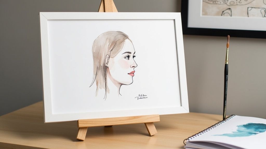 Peinture aquarelle encadrée d'un profil de femme sur un chevalet en bois, avec un pinceau et un carnet.