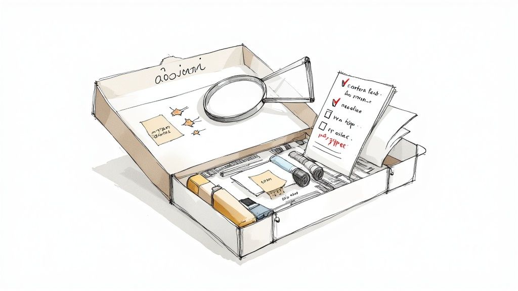 Une boîte ouverte remplie d'outils de couture, une loupe et une liste de contrôle manuscrite.