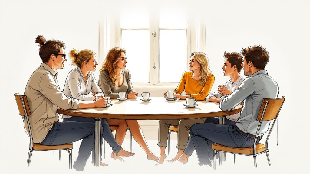 Six amis joyeux discutent autour d'une table ronde, buvant du café, dans une ambiance conviviale et lumineuse.