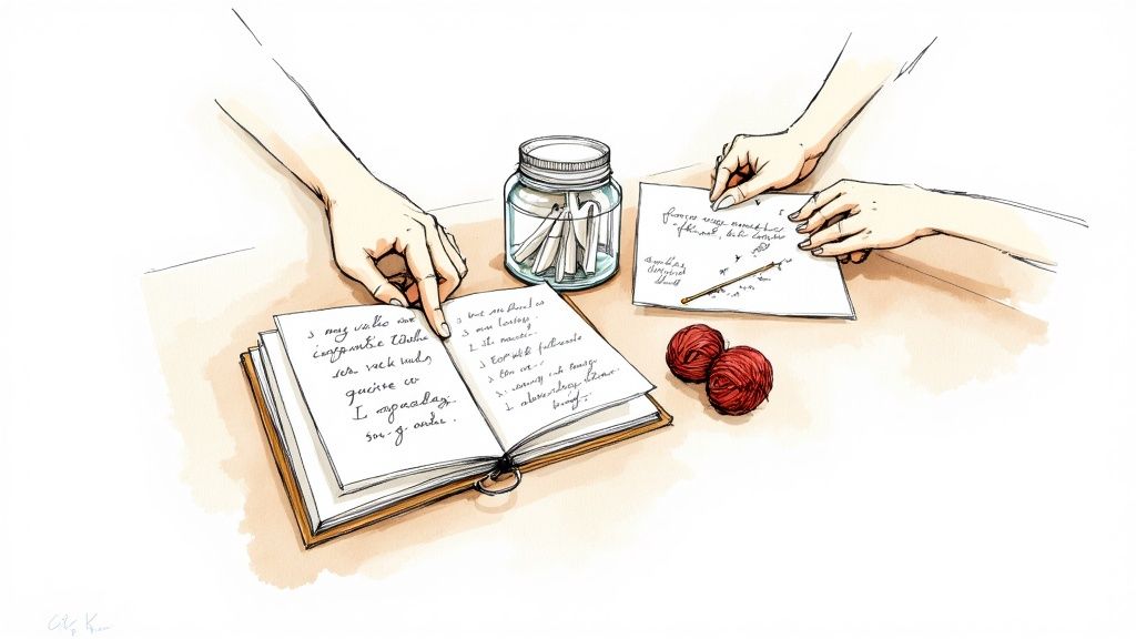 Deux personnes écrivant des messages personnalisés dans un journal et une carte avec un pot de souvenirs