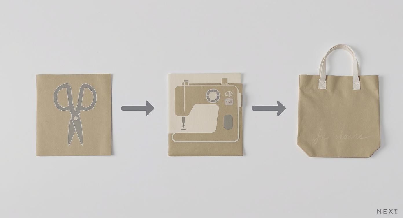 Trois étapes pour fabriquer un sac cabas : tissu avec ciseaux, machine à coudre, puis sac en toile beige.