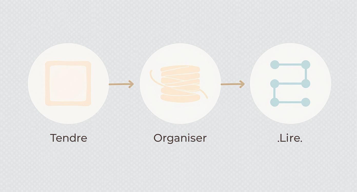 Diagramme montrant trois étapes pour le canevas : tendre une toile, organiser du fil, et lire un motif.