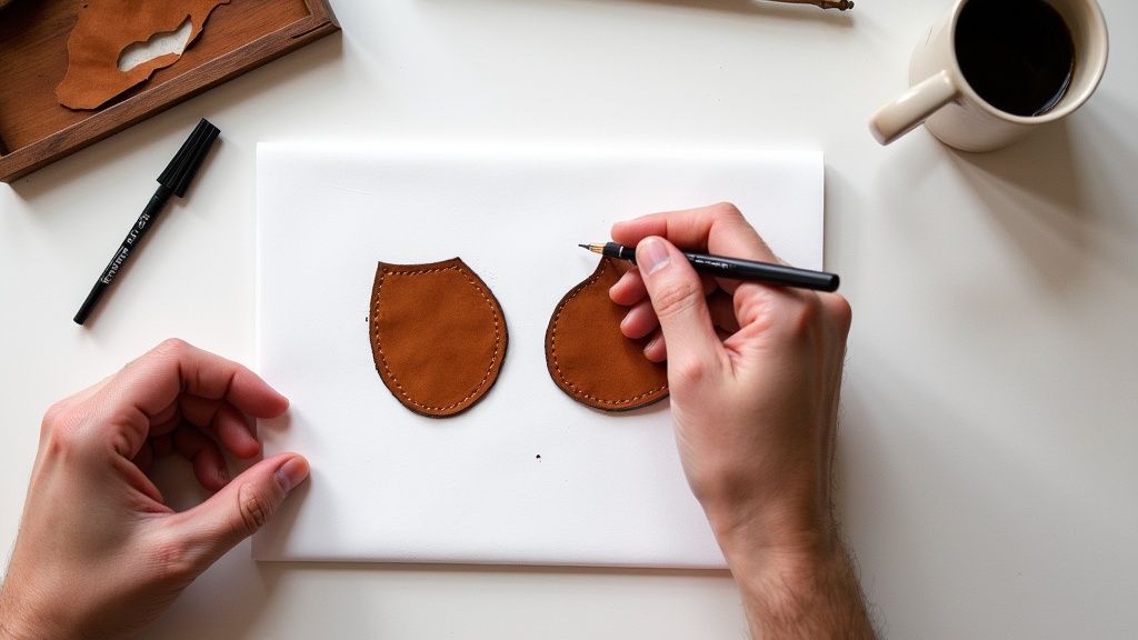 Vue aérienne de mains fabriquant des pièces en cuir, avec un stylo, un marqueur et une tasse de café.