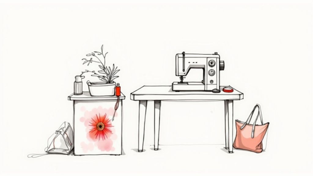 Dessin minimaliste d'une machine à coudre, d'une plante en pot et de sacs sur un fond blanc.